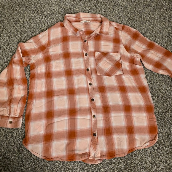 Terra & Sky Tops - Terra & Sky Womens‎ 1X Orange Pink Plaid Viscose Button Down Shirt Plus Size